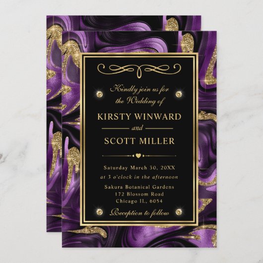 溶エレガント融パープルと金ゴールドグリッター結婚の 招待状 (正面/裏面)