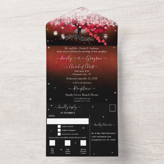 溶岩滝の妖精の光 赤いハートの葉の木の結婚式 オールインワン招待状 (内側)