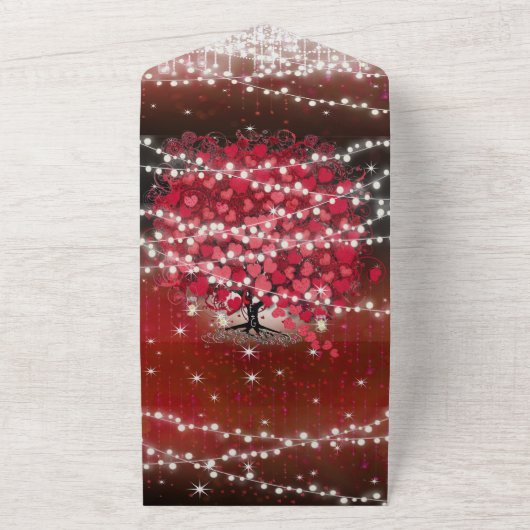 溶岩滝の妖精の光 赤いハートの葉の木の結婚式 オールインワン招待状 (外側)