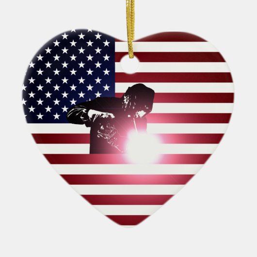 溶接工および米国旗 セラミックオーナメント (正面)