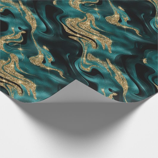 溶融エレガントティール(緑がかった色)及び金ゴールドグリッター誕生日 ラッピングペーパー (角)