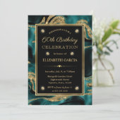 溶融エレガントティール(緑がかった色)及び金ゴールドグリッター60誕生日 招待状 (スタンド正面)