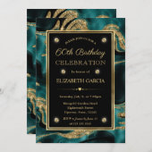 溶融エレガントティール(緑がかった色)及び金ゴールドグリッター60誕生日 招待状 (正面/裏面)