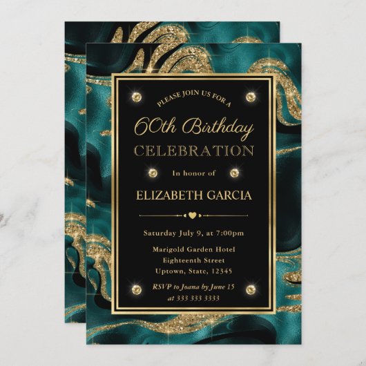 溶融エレガントティール（緑がかった色）及び金ゴールドグリッター60誕生日 招待状 (正面/裏面)
