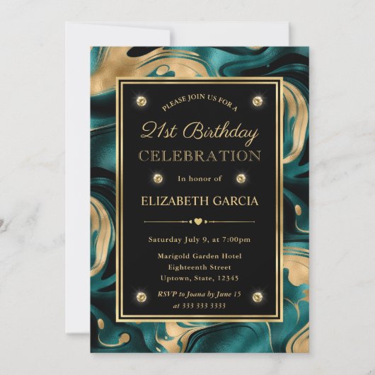 溶融エレガントティール（緑がかった色）金ゴールドグリッター21歳 招待状 (正面)