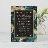 溶融エレガントティール（緑がかった色）金ゴールドグリッター21歳 招待状 (スタンド正面)