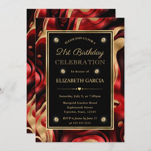 溶融エレガント赤と金箔21歳の誕生日 招待状 (正面/裏面)