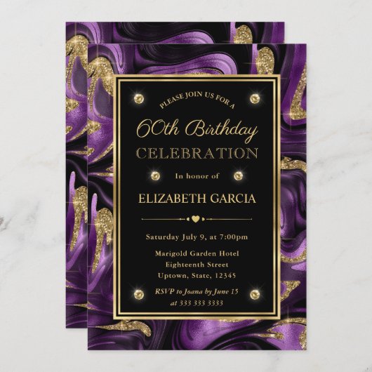 溶融パープルエレガント&金ゴールドグリッター60誕生日 招待状 (正面/裏面)