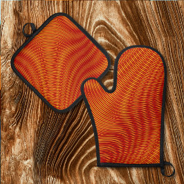 溶融銅効果モアレストライプ抽象芸術 鍋つかみ&鍋敷きセット