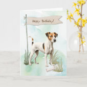 滑らかなキツネテリアは誕生日標識の下で犬を繁殖 カード (黄色い花)