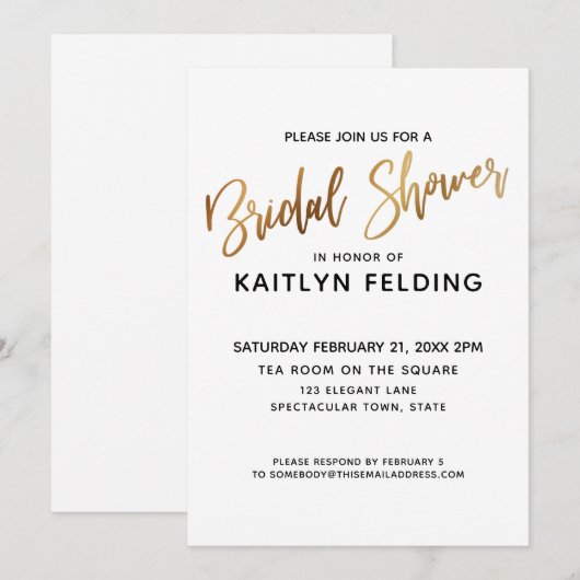 滑らかな金ゴールドグラデーションブライダルシャワータイポグラフィ 招待状 (正面/裏面)