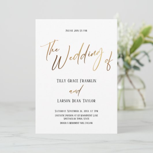 滑らかな金ゴールドシンプルの手書き結婚の 招待状 (スタンド正面)