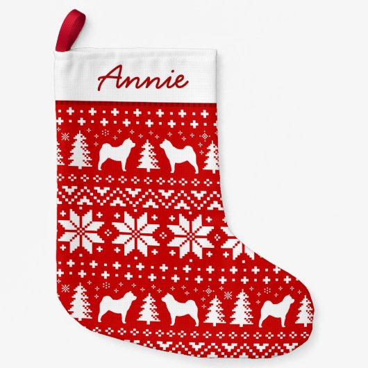 滑らかな食事はパターンかわいい犬の恋人のシルエットを描きます スモールクリスマスストッキング (正面)