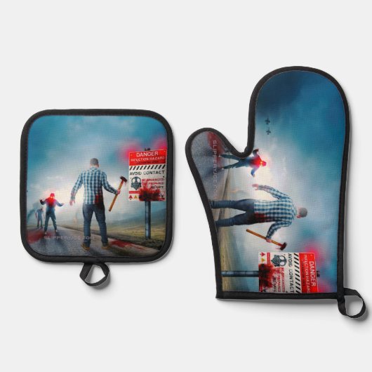 滑りやすいジョーのハッピーハローウィン死んだゾンビ怖いb 鍋つかみ&鍋敷きセット (正面)