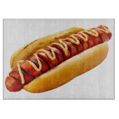 滑りやすいジョーのホットドッグは柔らかいパン鮮やかの音を鳴らした カッティングボード (正面)