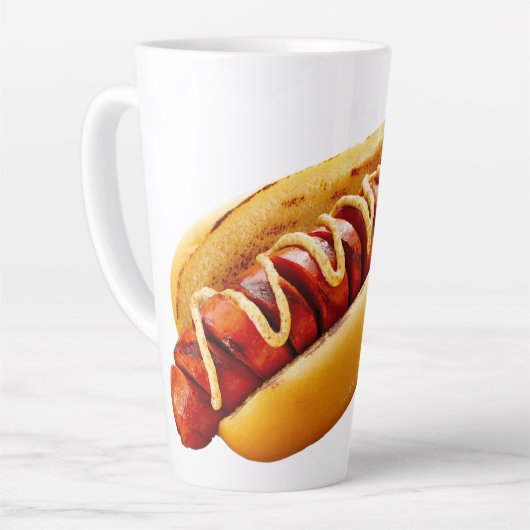 滑りやすいジョーのホットドッグは柔らかいパン鮮やかの音を鳴らした カフェラテマグ (左アングル)