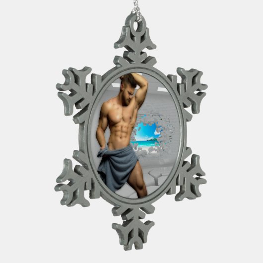 滑りやすいジョーのマンタオル白レンガの壁のバーを壊した スノーフレークピューターオーナメント (左)