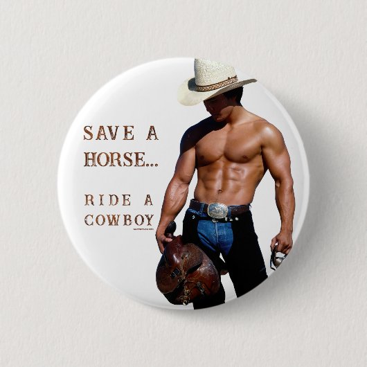 滑りやすいジョーの救馬に乗るわらカウボーイハムス 缶バッジ (正面)