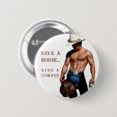 滑りやすいジョーの救馬に乗るわらカウボーイハムス 缶バッジ (正面&裏面)