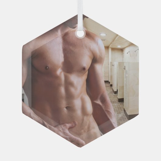 滑りやすいジョーの男の六パックのシャツなしのセクシーな筋肉 ガラスオーナメント (正面)