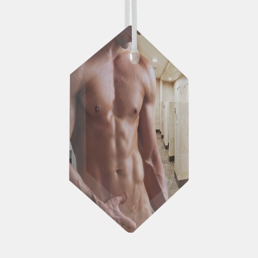 滑りやすいジョーの男の六パックのシャツなしのセクシーな筋肉 ガラスオーナメント (正面右)