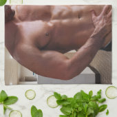 滑りやすいジョーの男の六パックのシャツなしのセクシーな筋肉 キッチンタオル (折り畳み)