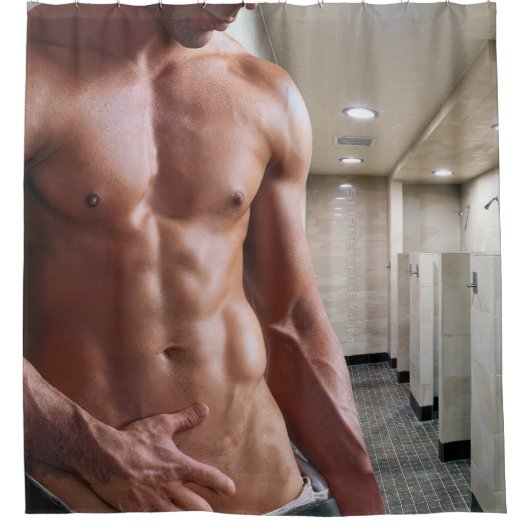 滑りやすいジョーの男の六パックのシャツなしのセクシーな筋肉 シャワーカーテン (正面)