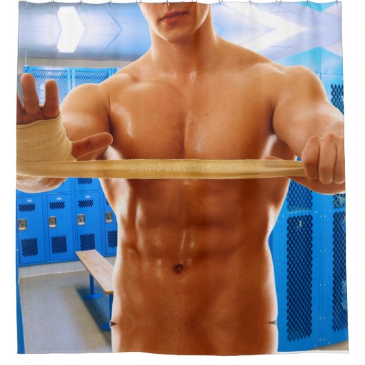 滑りやすいジョーの筋肉質な男のシルクのない胸6パック シャワーカーテン (正面)