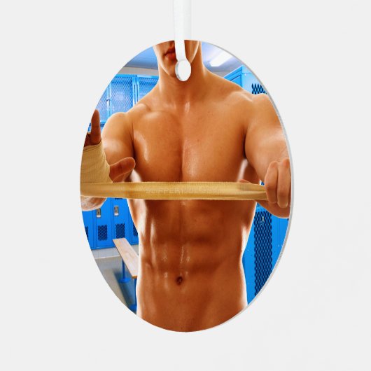 滑りやすいジョーの筋肉質な男のシルクのない胸6パック メタルオーナメント (正面左)