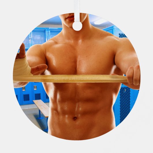 滑りやすいジョーの筋肉質な男のシルクのない胸6パック メタルオーナメント (裏面)