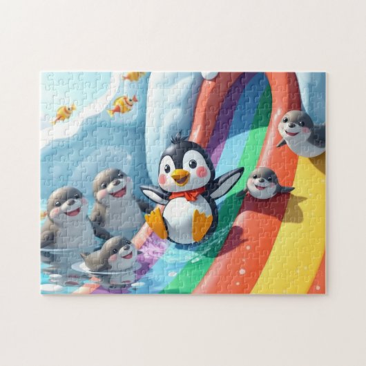 滑り遊台に乗ったペンギン ジグソーパズル (横)