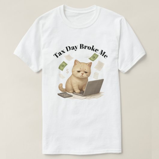 滑稽なベージュ色の最低限のストレスを感じた猫の納税日 Tシャツ (デザイン正面)