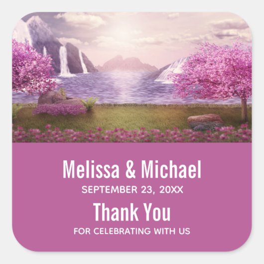 滝とさくらんぼのまわりにツリーズア結婚レイク スクエアシール (正面)
