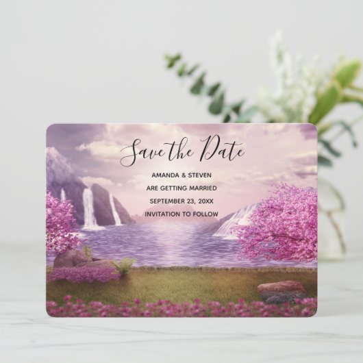 滝とさくらんぼのまわりにツリーズア結婚レイク セーブザデート (スタンド正面)