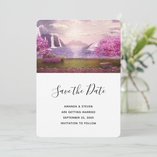 滝とさくらんぼのまわりにツリーズア結婚レイク セーブザデート (スタンド正面)