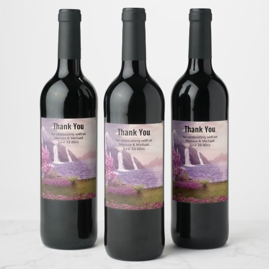 滝とさくらんぼのまわりにツリーズア結婚レイク ワインラベル (ボトル)