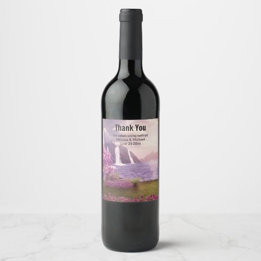 滝とさくらんぼのまわりにツリーズア結婚レイク ワインラベル (正面)