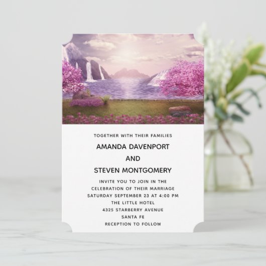 滝とさくらんぼのまわりにツリーズア結婚レイク 招待状 (スタンド正面)