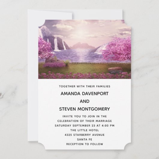 滝とさくらんぼのまわりにツリーズア結婚レイク 招待状 (正面)