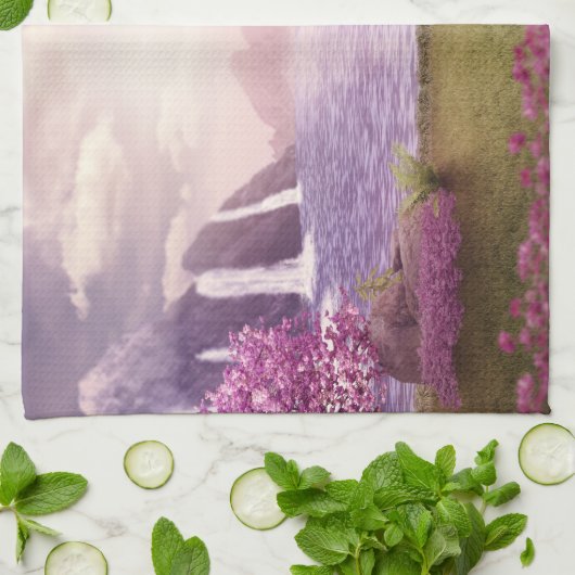 滝とさくらんぼの木のまわりに々湖 キッチンタオル (折り畳み)