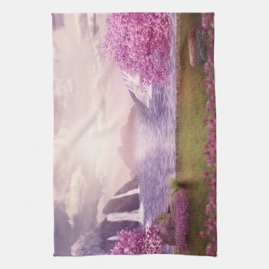 滝とさくらんぼの木のまわりに々湖 キッチンタオル (縦)