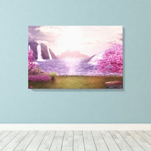 滝とさくらんぼの木のまわりに々湖 キャンバスプリント (インサイチュ (ウッドフロア))