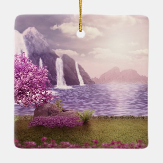 滝とさくらんぼの木のまわりに々湖 セラミックオーナメント (裏面)