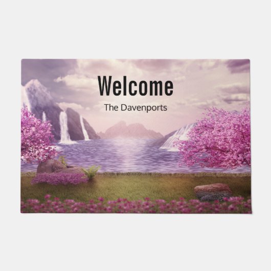 滝とさくらんぼの木のまわりに々湖 ドアマット (正面)