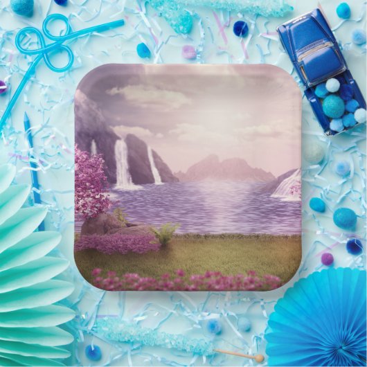 滝とさくらんぼの木のまわりに々湖 ペーパープレート (パーティー)