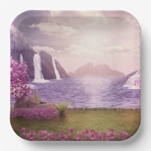 滝とさくらんぼの木のまわりに々湖 ペーパープレート (正面)