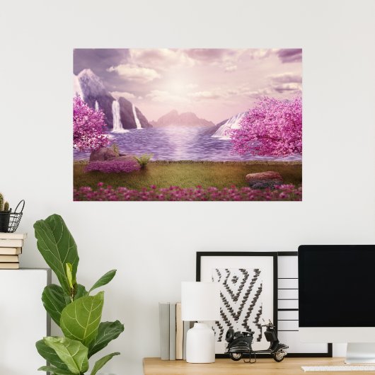 滝とさくらんぼの木のまわりに々湖 ポスター (ホームオフィス)