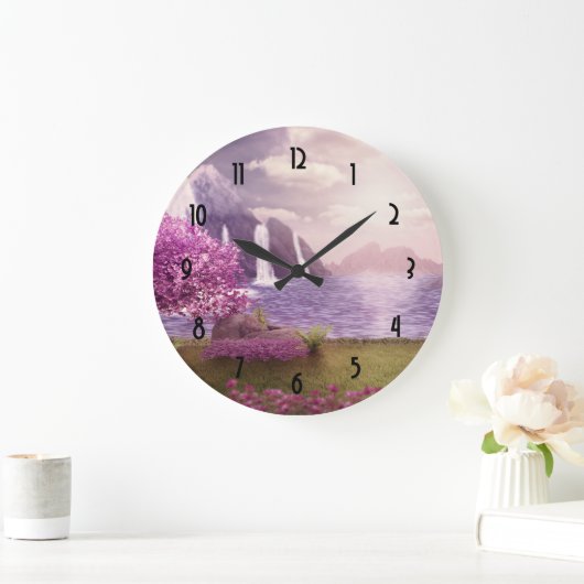 滝とさくらんぼの木のまわりに々湖 ラージ壁時計 (ホーム)