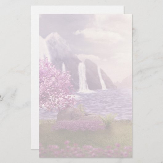 滝とさくらんぼの木のまわりに々湖 便箋 (正面/裏面)