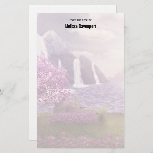 滝とさくらんぼの木のまわりに湖文房具 便箋 (正面/裏面)